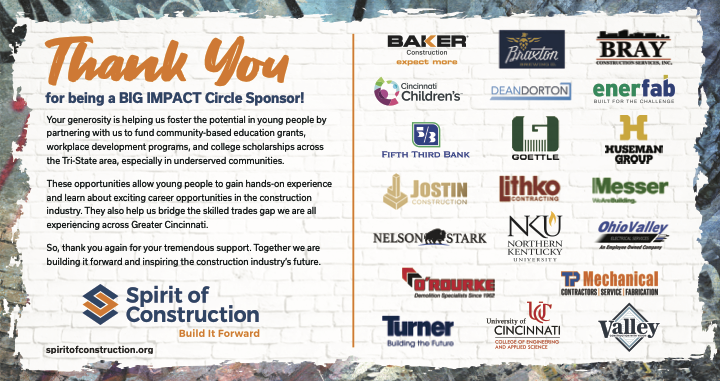 Ad Spirit of Construction Foundation placed in the Cincinnati Business Courier in September 2024 thanking its 2024 Big Impact Circle Sponsors.